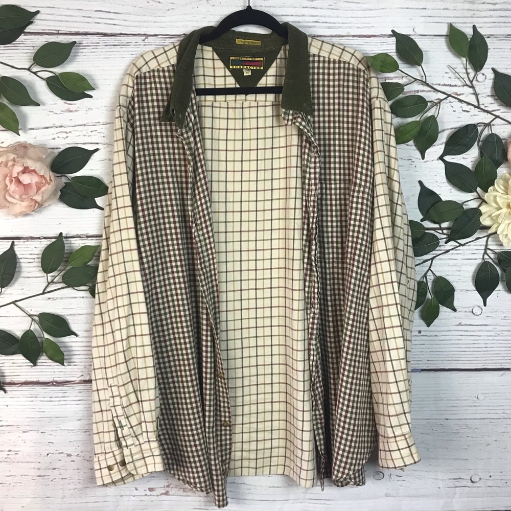 Out Of Character Size 3X Cotton Flannel Plaid Beige Tan Button Up Shirt
